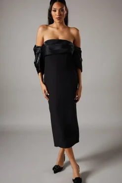 Glossy Twill Pleated Bodice Bardot Midi Dress