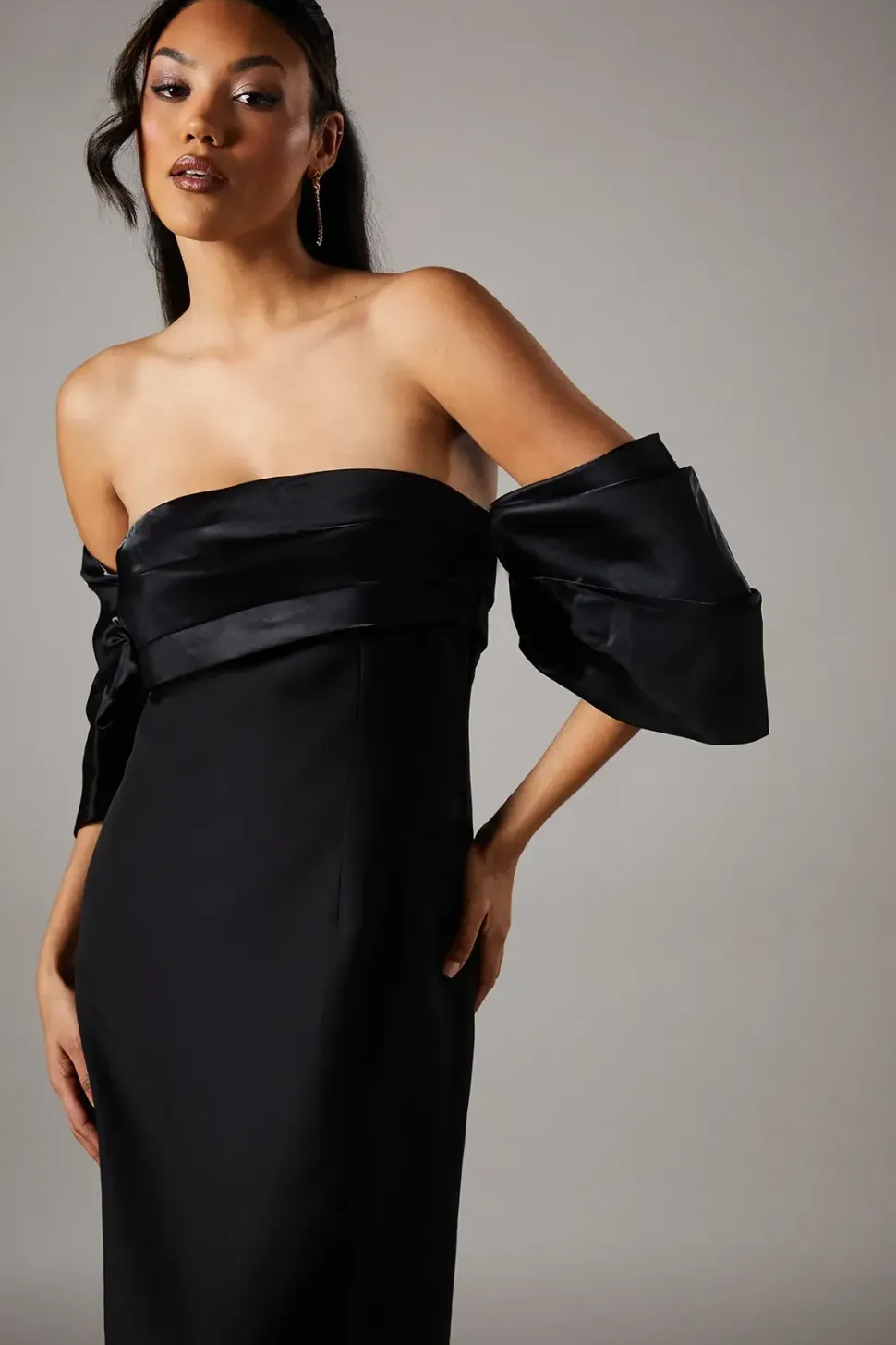 Glossy Twill Pleated Bodice Bardot Midi Dress