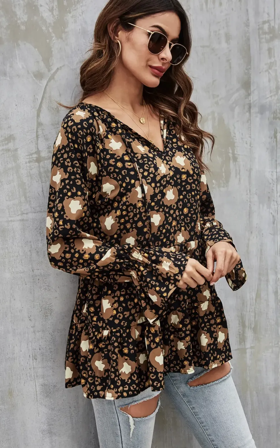 Gold Animal Print Smock Ruffle Top In Black
