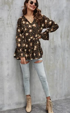 Gold Animal Print Smock Ruffle Top In Black