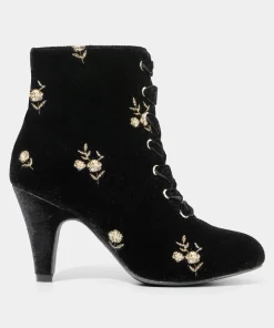 Gold Floral Embroidered Velvet Ankle Boots with Ribbon Laces