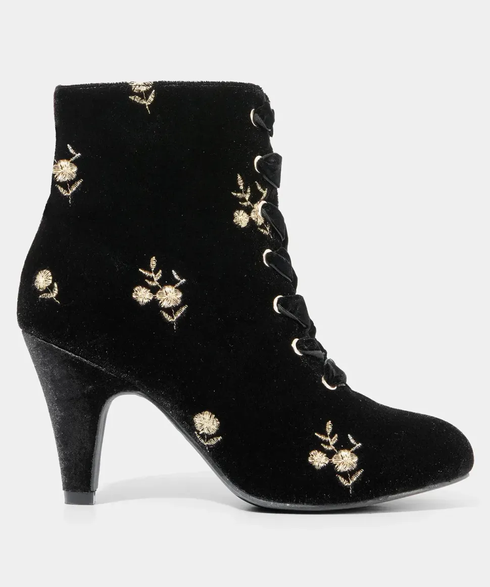 Gold Floral Embroidered Velvet Ankle Boots with Ribbon Laces