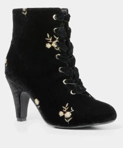 Gold Floral Embroidered Velvet Ankle Boots with Ribbon Laces