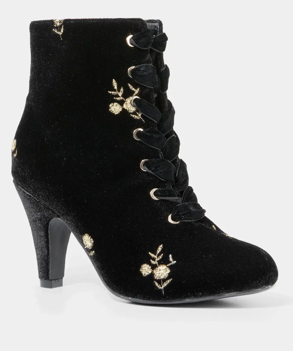 Gold Floral Embroidered Velvet Ankle Boots with Ribbon Laces
