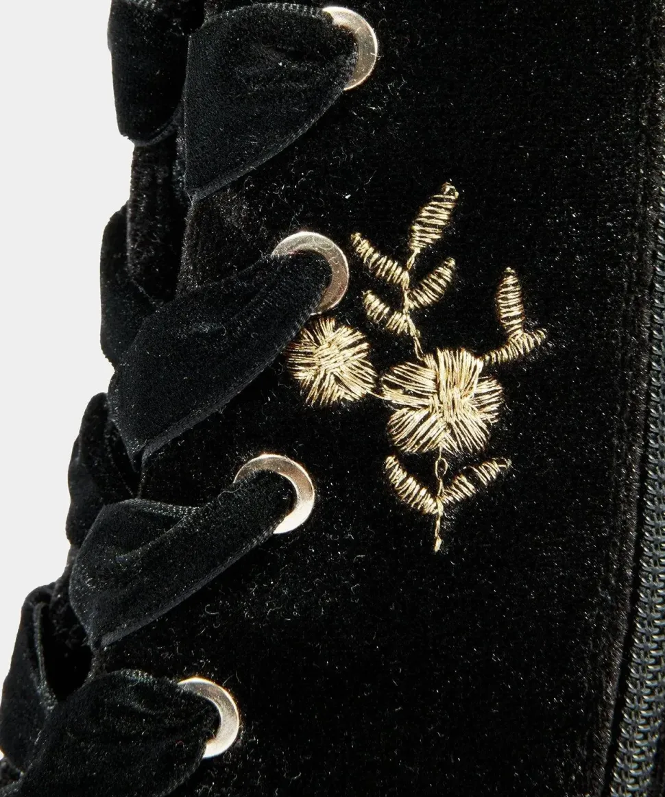 Gold Floral Embroidered Velvet Ankle Boots with Ribbon Laces