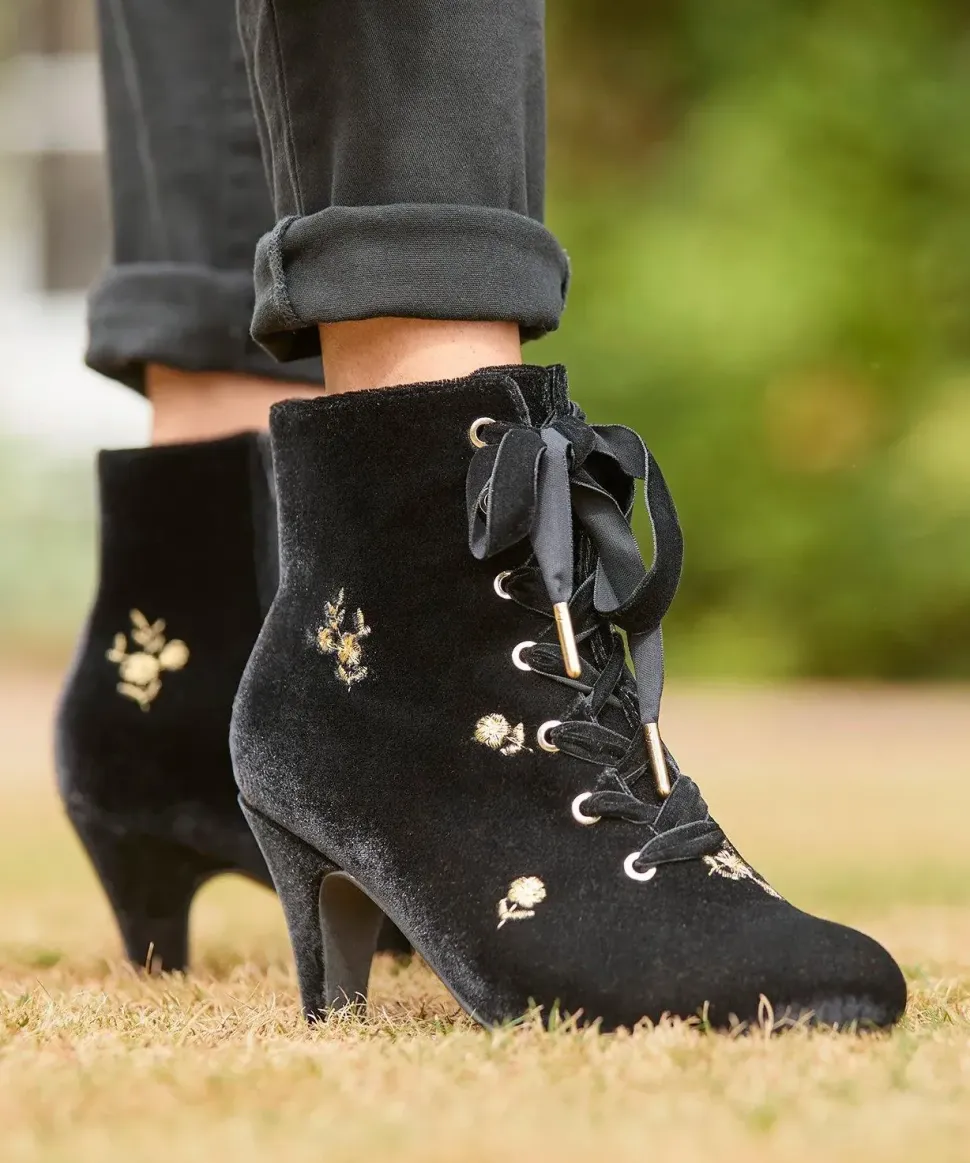 Gold Floral Embroidered Velvet Ankle Boots with Ribbon Laces