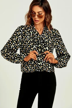 Gold Foil Black Leopard Dot Print Pussybow Blouse