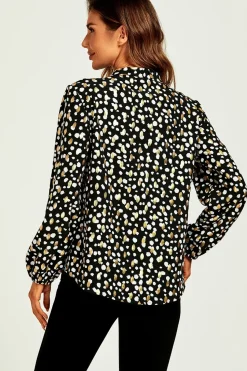 Gold Foil Black Leopard Dot Print Pussybow Blouse