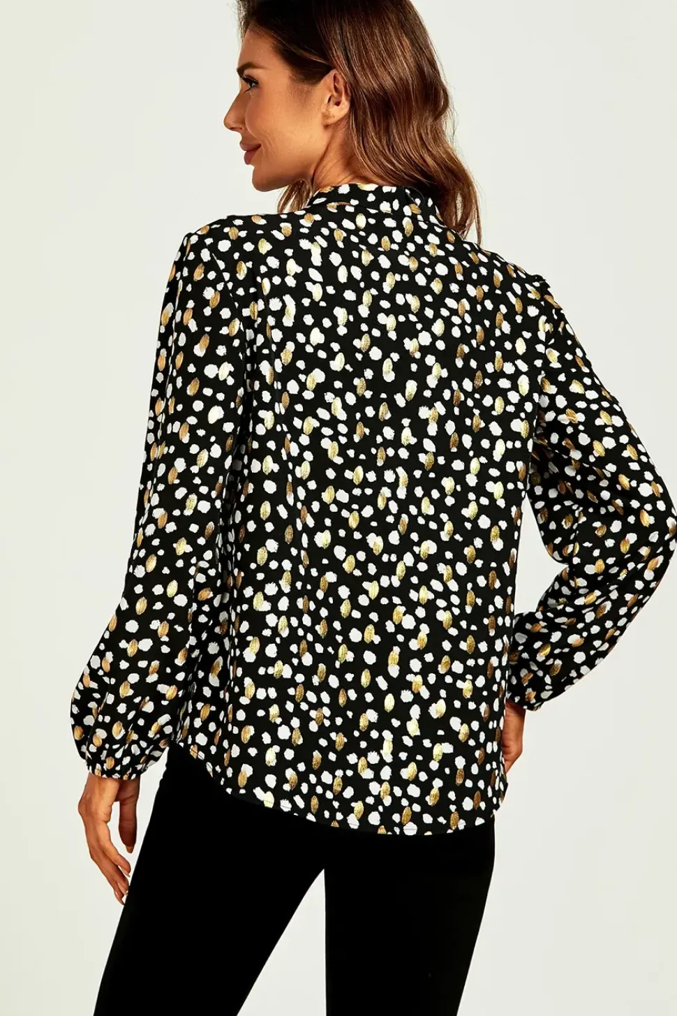 Gold Foil Black Leopard Dot Print Pussybow Blouse