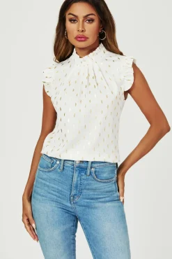 Gold Foil Frill Trim Sleeve High Neck Blouse Top In Cream