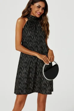 Gold Foil Halter Neck Tie Back Mini Dress In Black