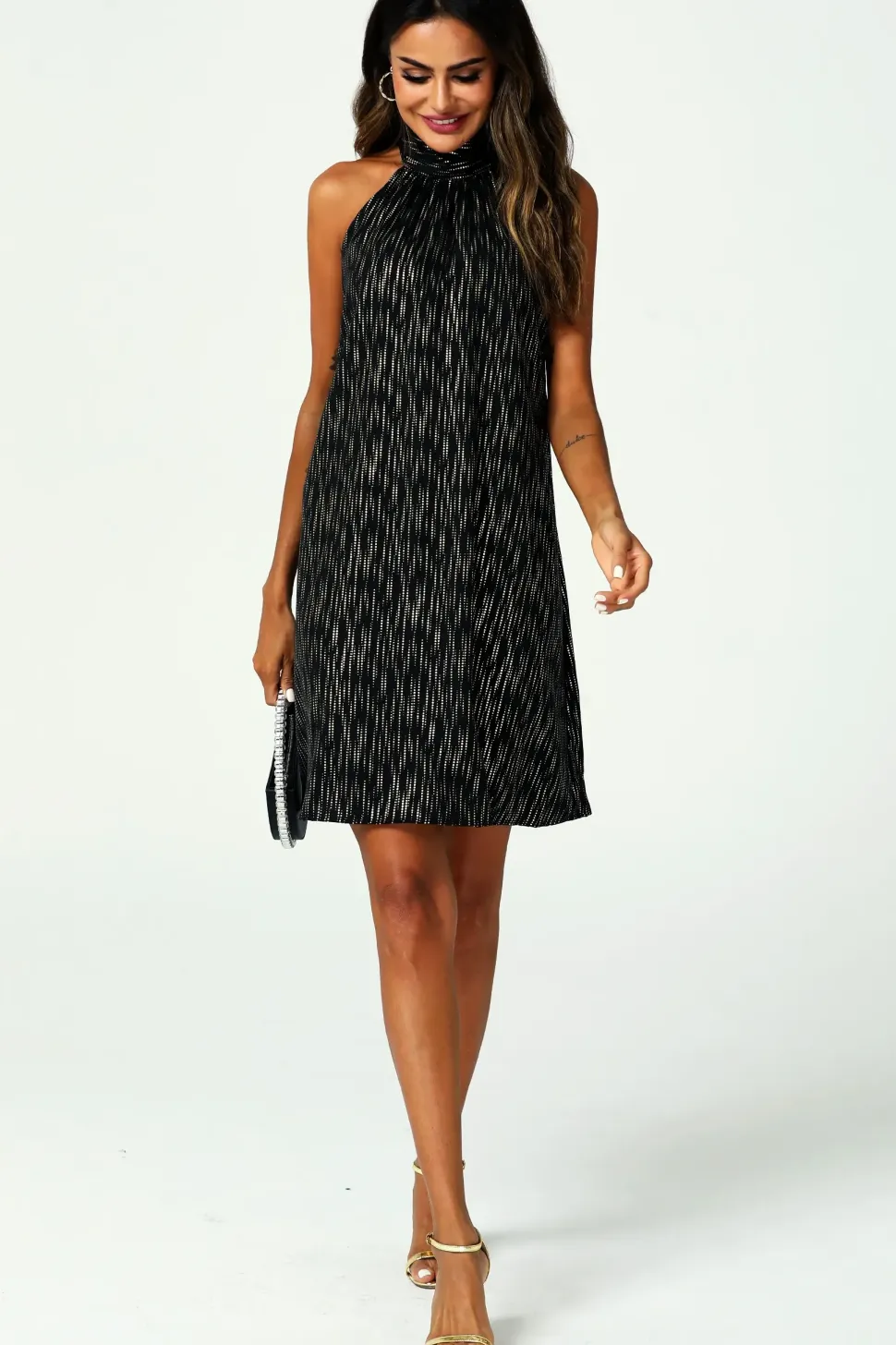 Gold Foil Halter Neck Tie Back Mini Dress In Black