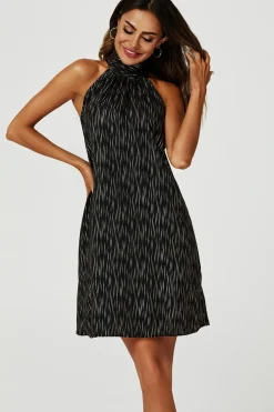 Gold Foil Halter Neck Tie Back Mini Dress In Black