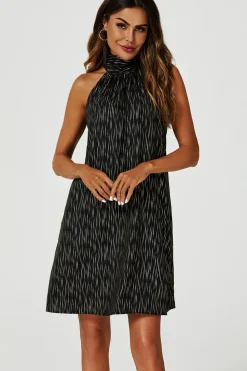 Gold Foil Halter Neck Tie Back Mini Dress In Black