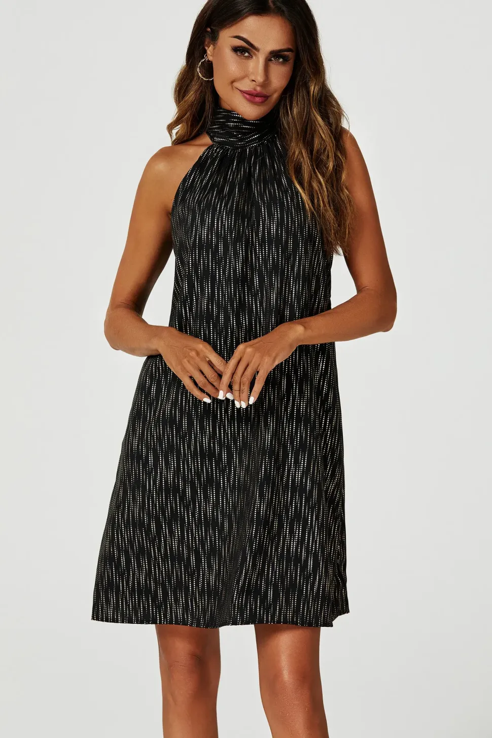 Gold Foil Halter Neck Tie Back Mini Dress In Black