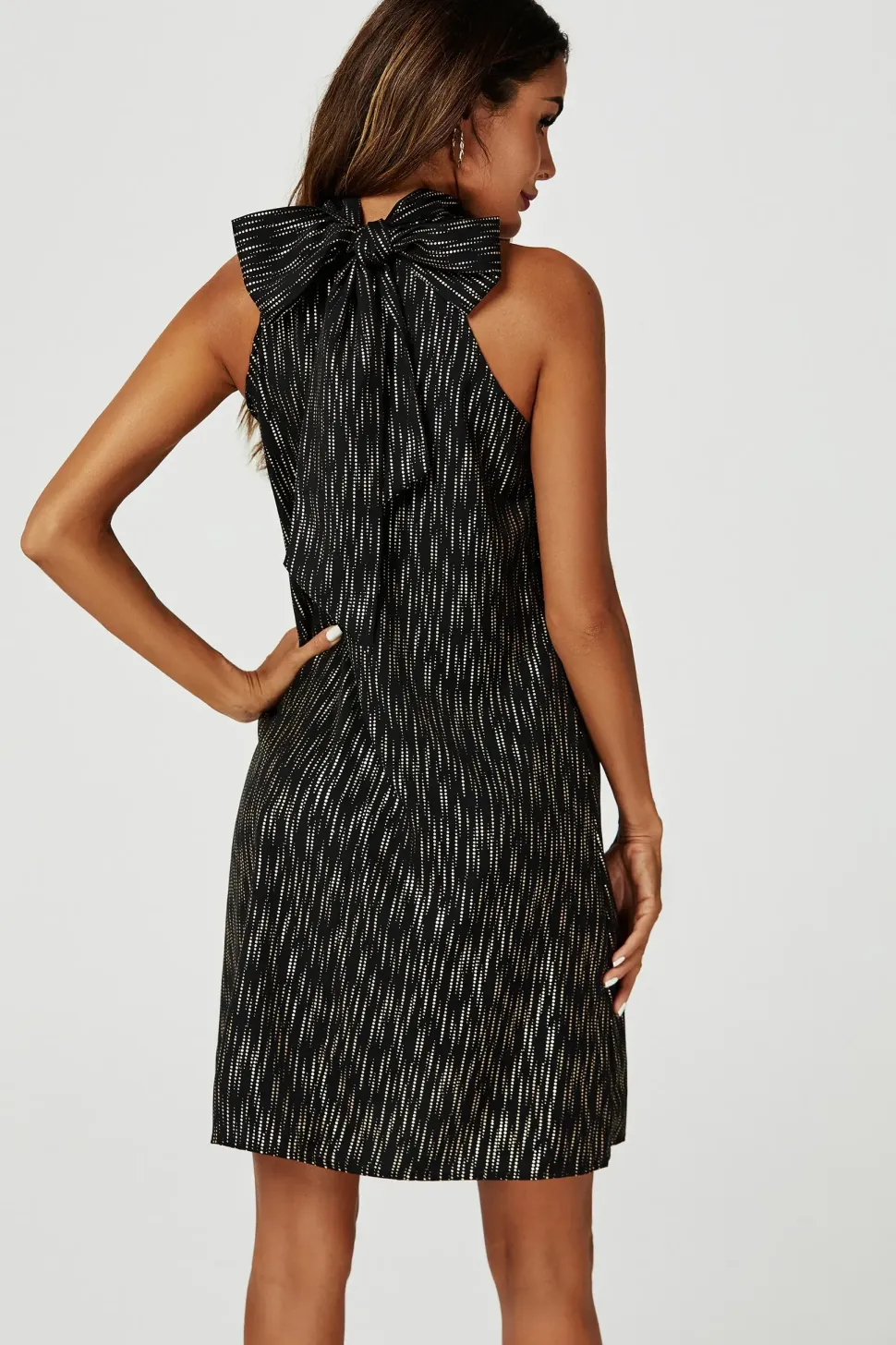 Gold Foil Halter Neck Tie Back Mini Dress In Black