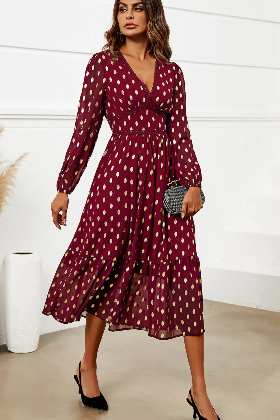 Gold Foil Lace Trim Long Sleeve Midi Dress
