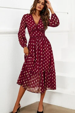 Gold Foil Lace Trim Long Sleeve Midi Dress