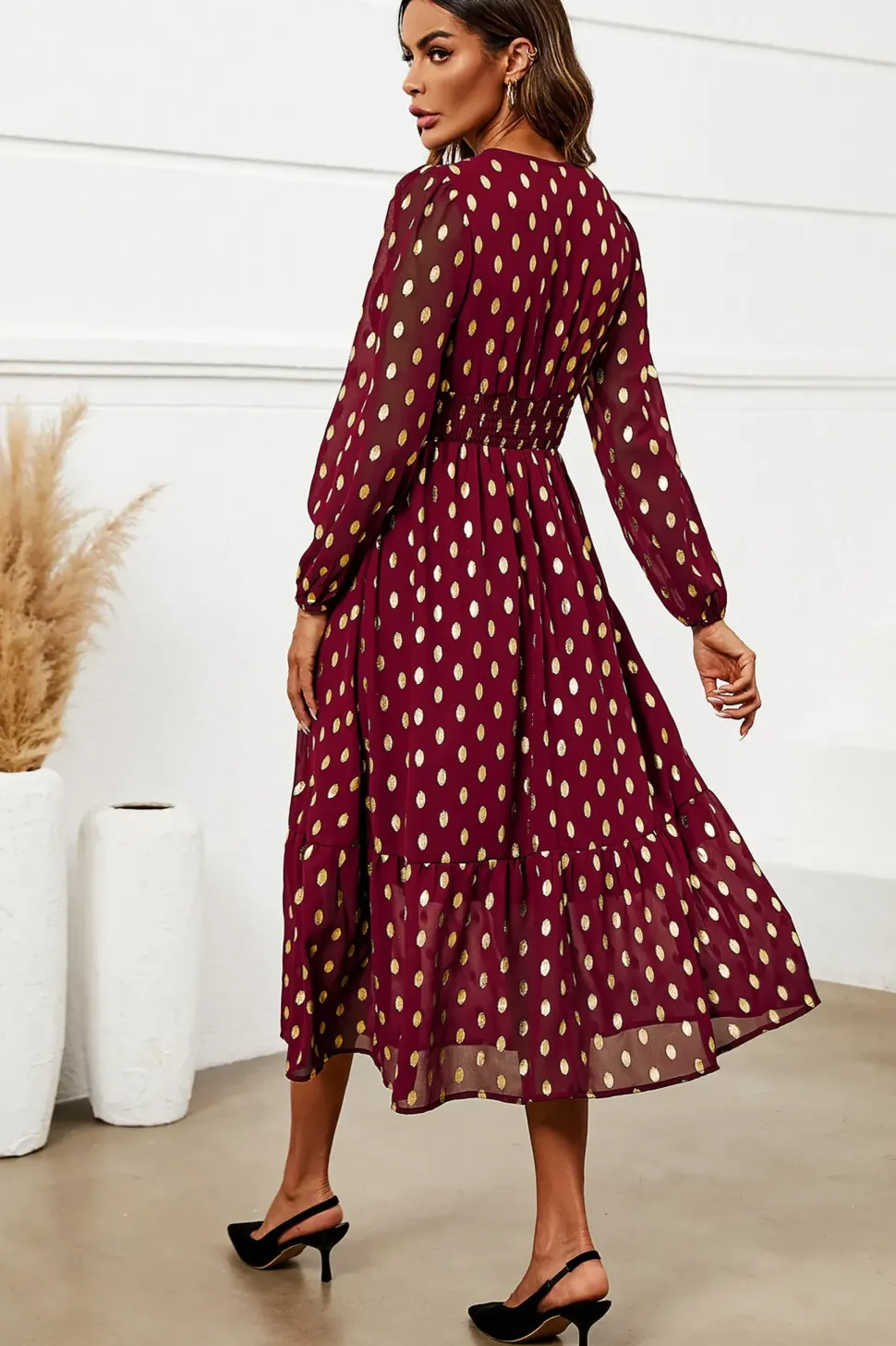 Gold Foil Lace Trim Long Sleeve Midi Dress
