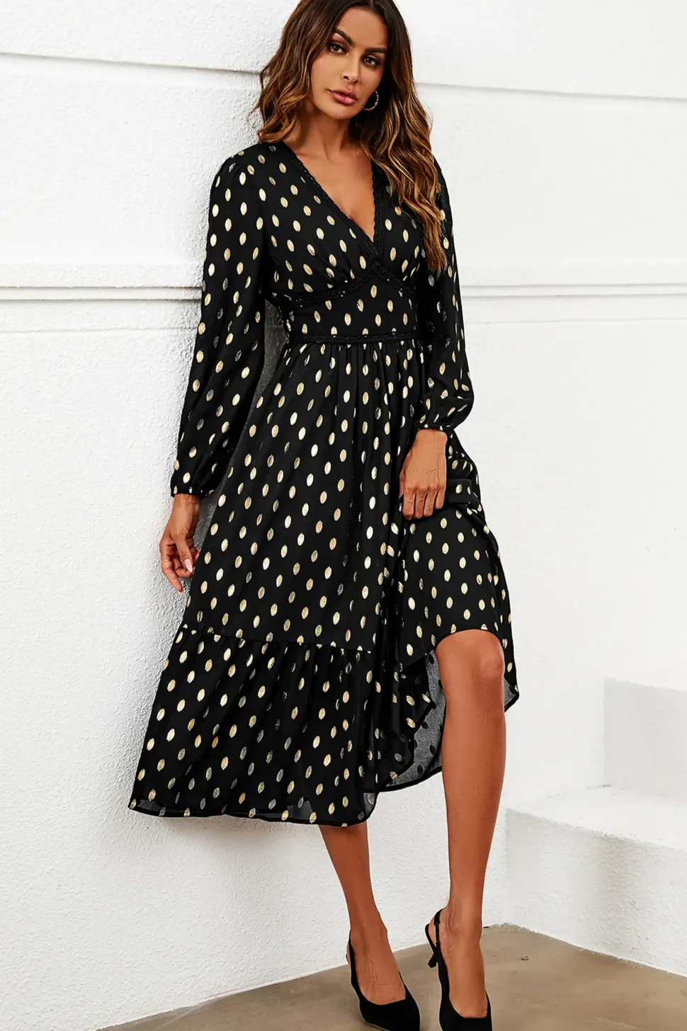 Gold Foil Lace Trim Long Sleeve Midi Dress