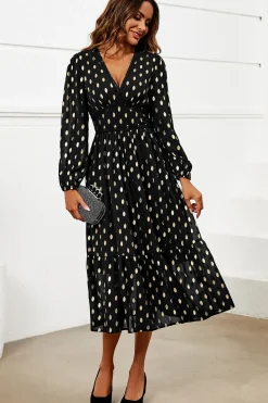 Gold Foil Lace Trim Long Sleeve Midi Dress