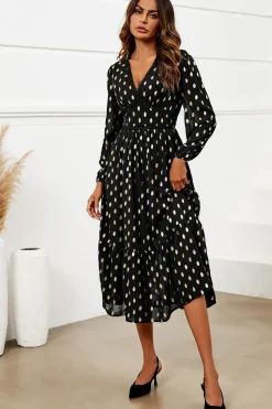 Gold Foil Lace Trim Long Sleeve Midi Dress