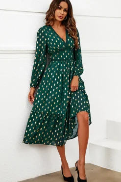 Gold Foil Lace Trim Long Sleeve Midi Dress