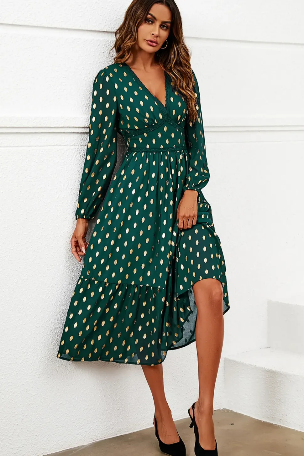 Gold Foil Lace Trim Long Sleeve Midi Dress