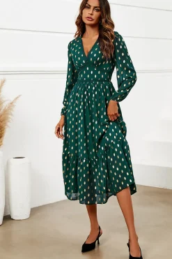 Gold Foil Lace Trim Long Sleeve Midi Dress