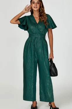 Gold Foil Print Wrap Top Jumpsuit In Green