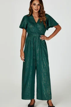 Gold Foil Print Wrap Top Jumpsuit In Green