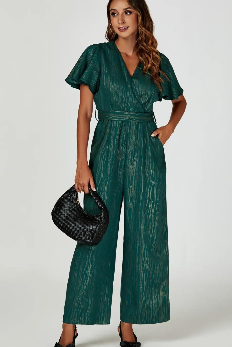 Gold Foil Print Wrap Top Jumpsuit In Green