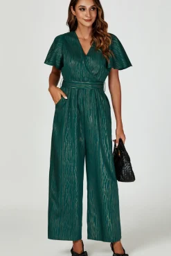 Gold Foil Print Wrap Top Jumpsuit In Green