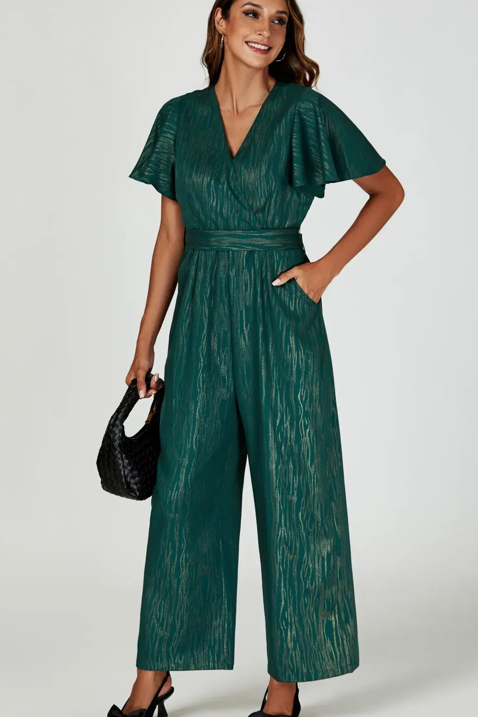 Gold Foil Print Wrap Top Jumpsuit In Green