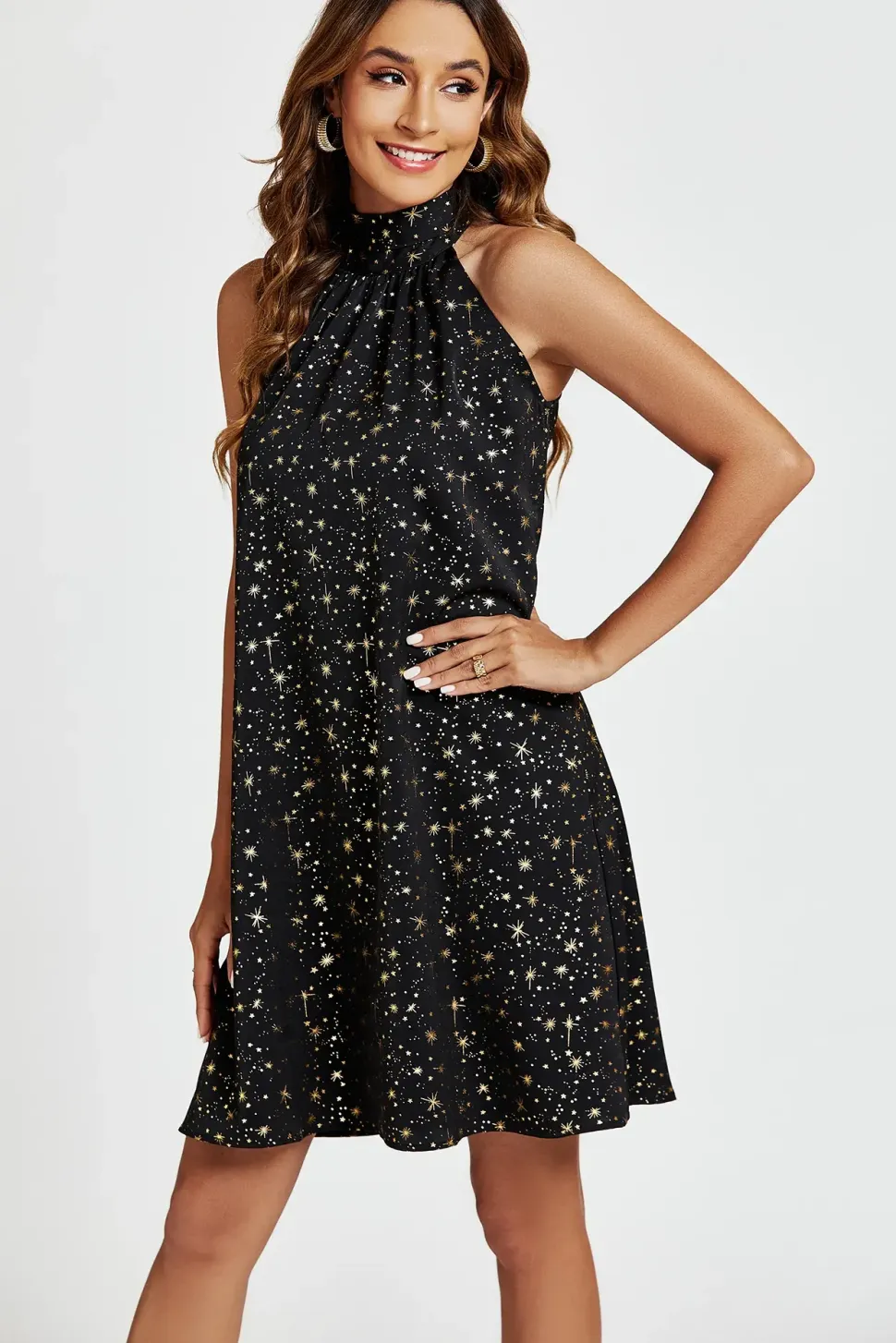 Gold Foil Star Halter Neck Tie Back Mini Dress In Black