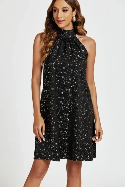 Gold Foil Star Halter Neck Tie Back Mini Dress In Black