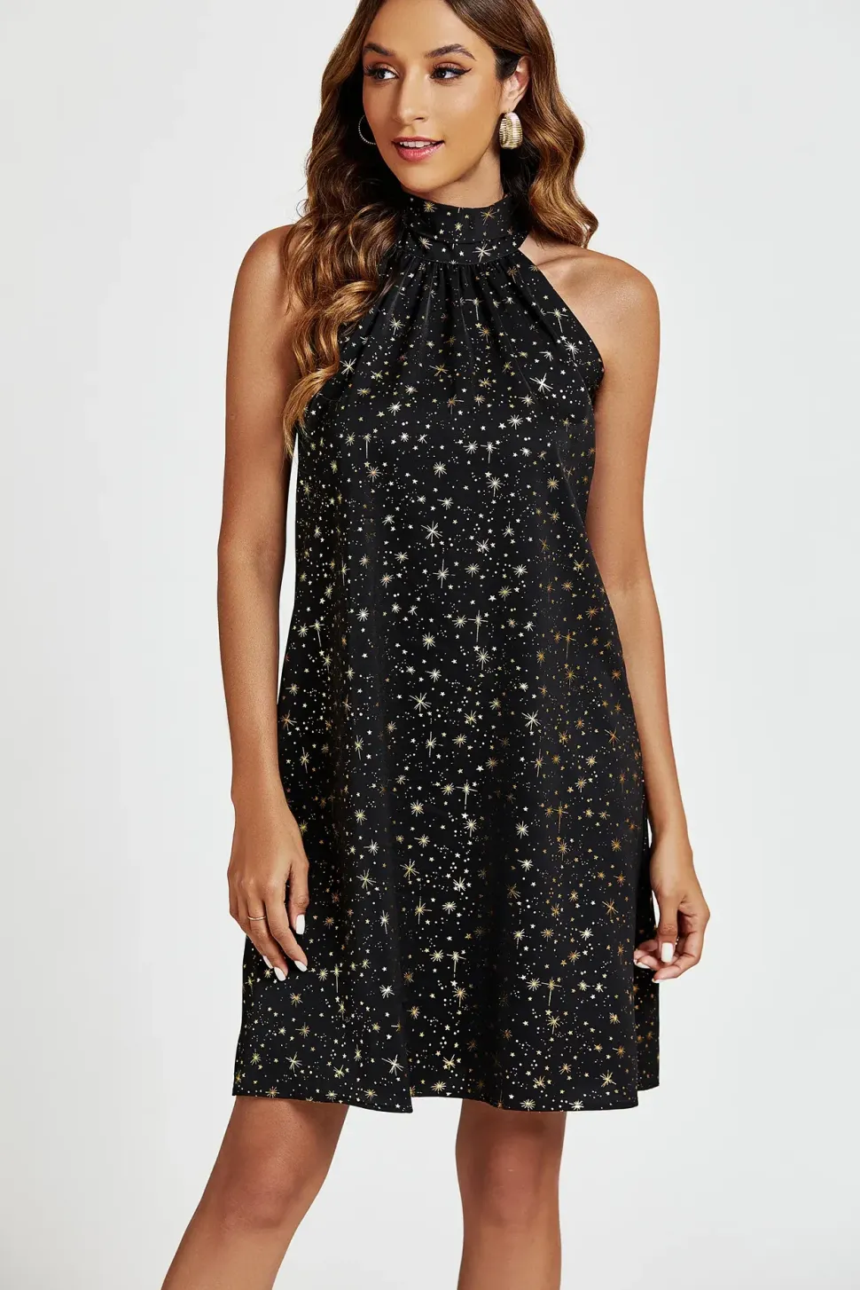 Gold Foil Star Halter Neck Tie Back Mini Dress In Black