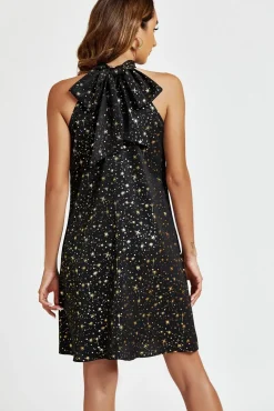 Gold Foil Star Halter Neck Tie Back Mini Dress In Black