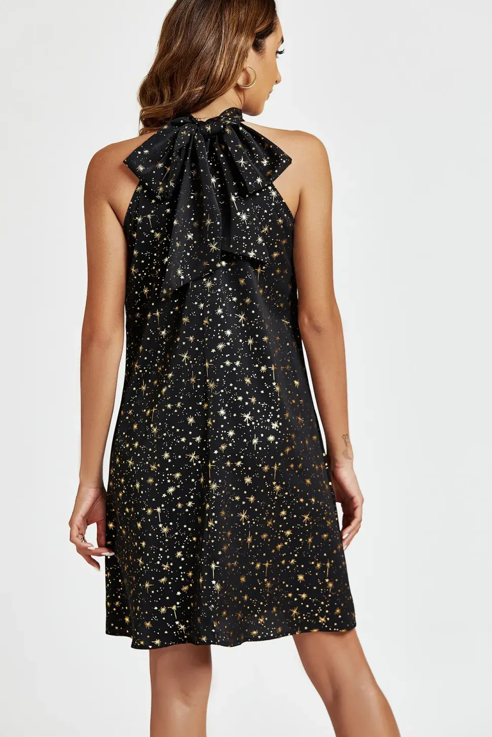 Gold Foil Star Halter Neck Tie Back Mini Dress In Black