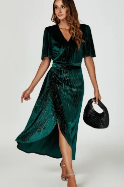 Gold Foil Velvet  Wrap Maxi Dress In Green