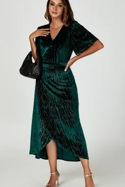 Gold Foil Velvet  Wrap Maxi Dress In Green