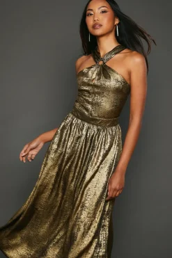 Gold Metallic Halter Neck Midi Dress