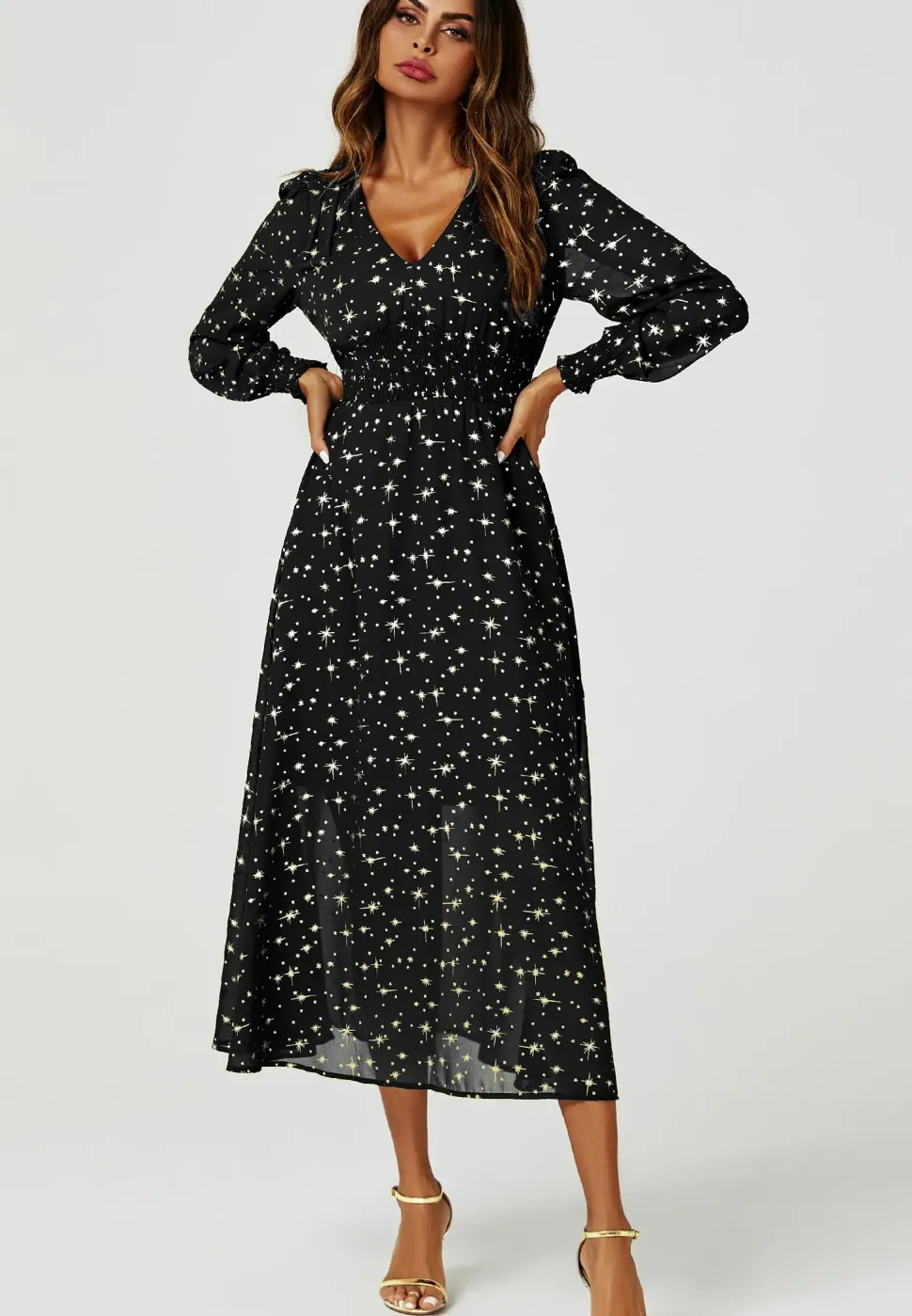 Gold Star Foil V-Neckline Long Sleeve Maxi Dress In Black