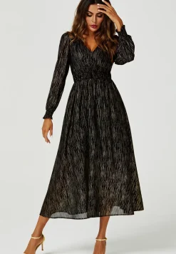Gold Stripe Foil V-Neckline Long Sleeve Maxi Dress In Black