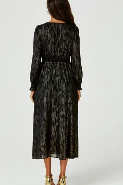Gold Stripe Foil V-Neckline Long Sleeve Maxi Dress In Black