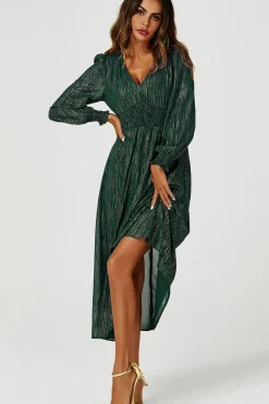 Gold Stripe Foil V-Neckline Long Sleeve Maxi Dress In Green