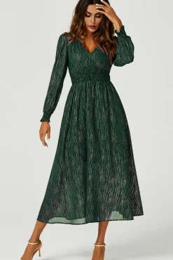 Gold Stripe Foil V-Neckline Long Sleeve Maxi Dress In Green