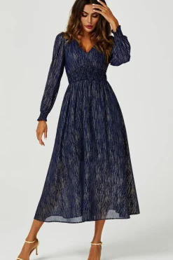 Gold Stripe Foil V-Neckline Long Sleeve Maxi Dress In Navy