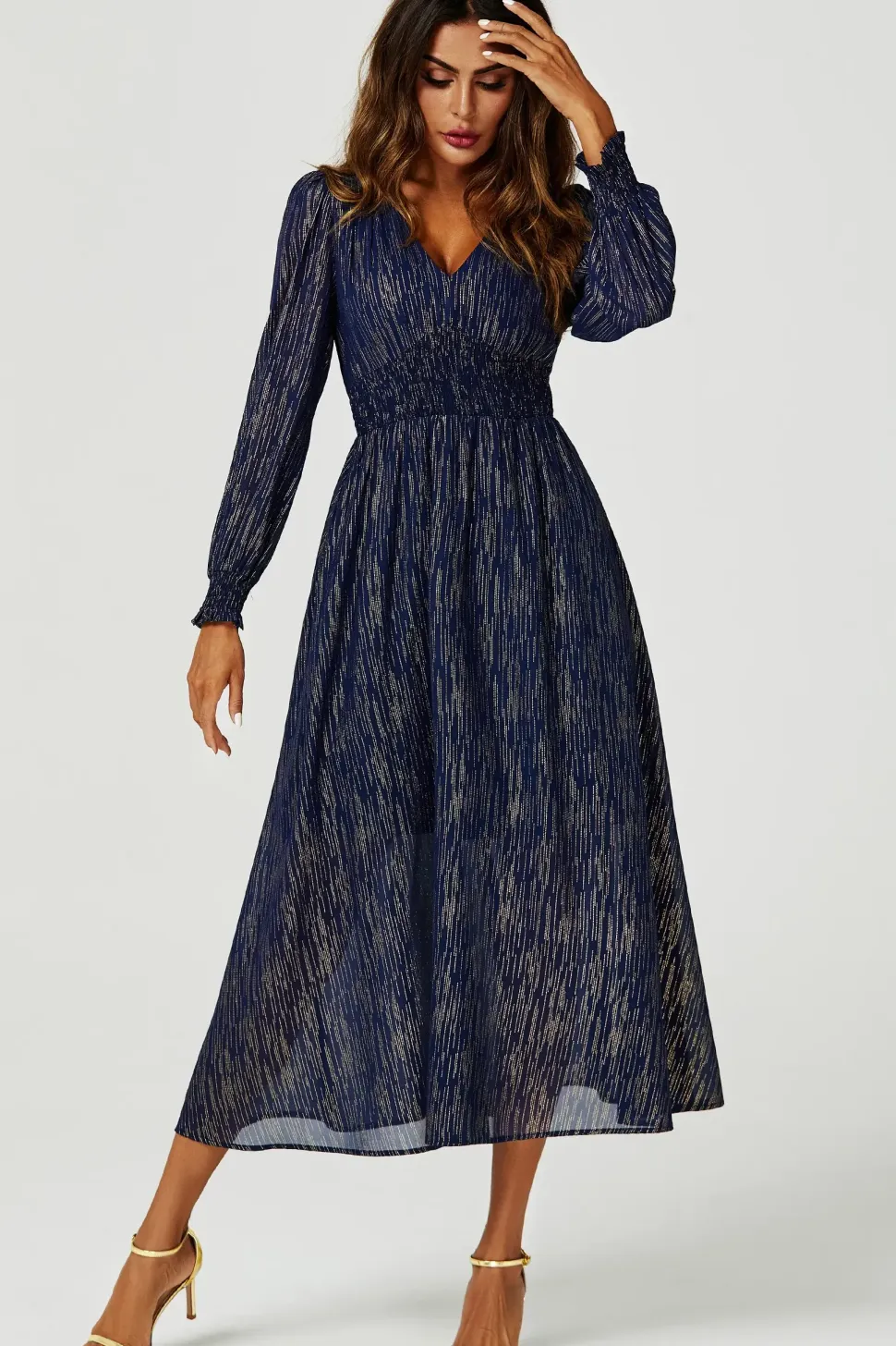 Gold Stripe Foil V-Neckline Long Sleeve Maxi Dress In Navy