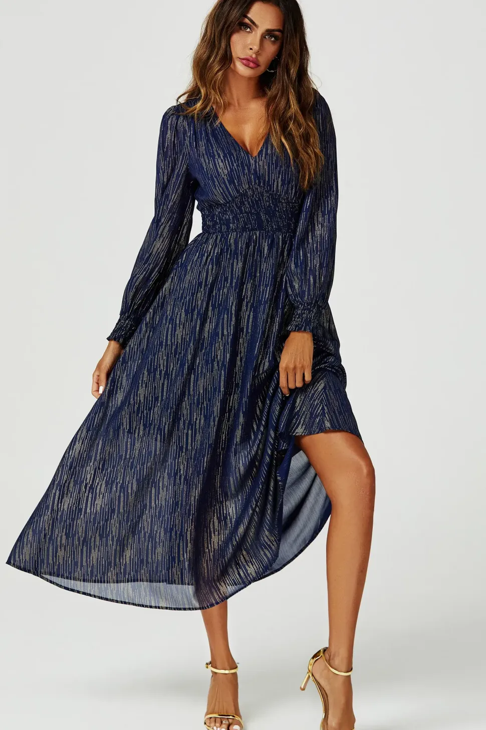 Gold Stripe Foil V-Neckline Long Sleeve Maxi Dress In Navy